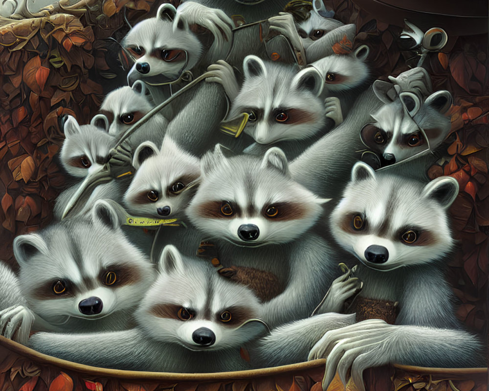 Illustration of raccoons in leaves with human-like eyes and misty castle.