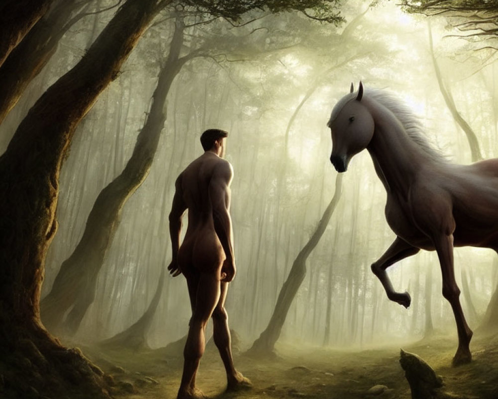 Man and horse in misty forest: serene scene with man looking at rearing horse.