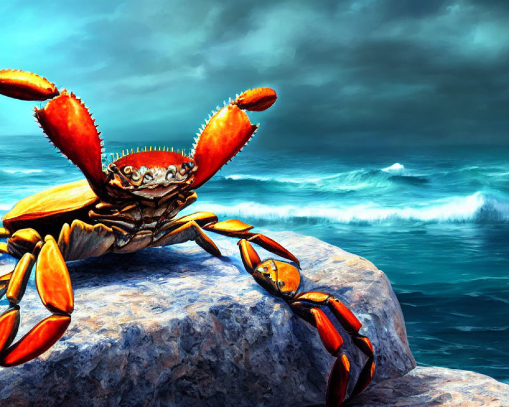 Colorful Crab on Rock with Stormy Ocean Background