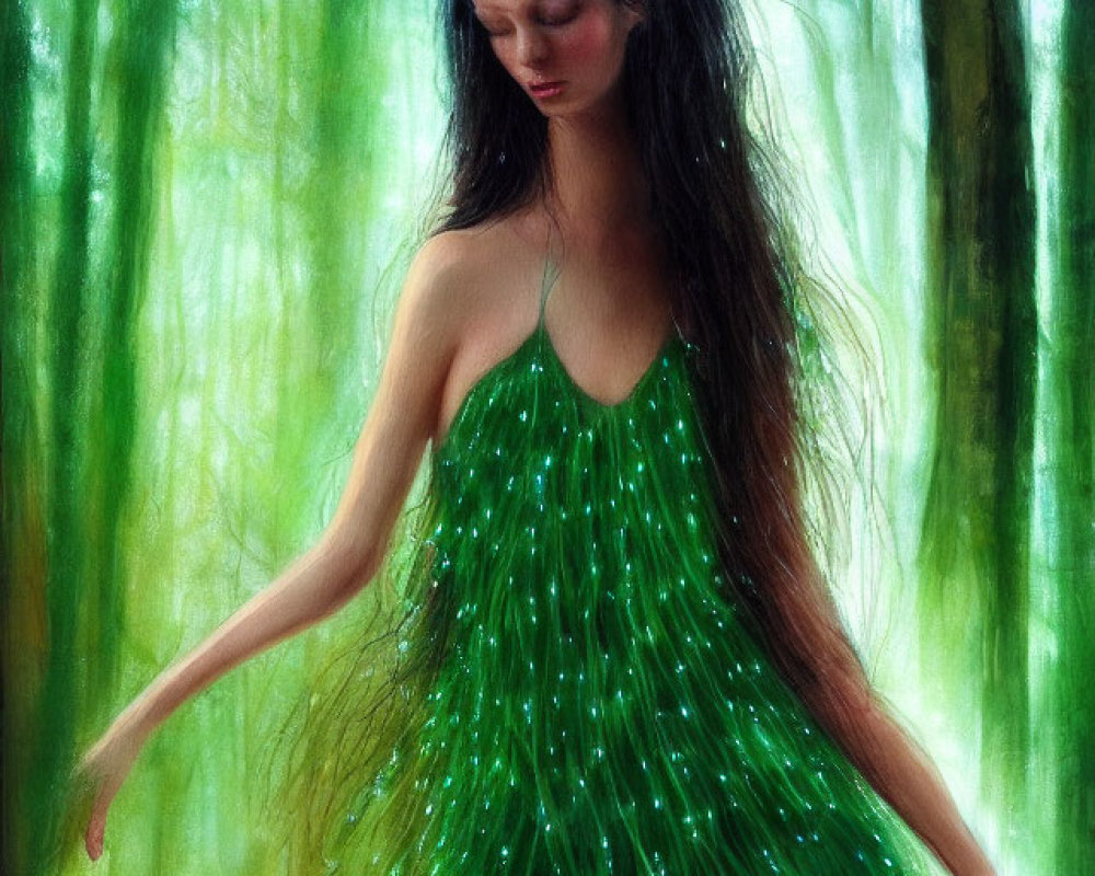 Woman in Sparkling Green Dress Standing in Misty Forest