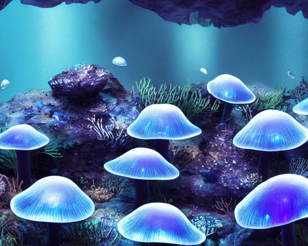 Underwater Scene: Glowing Jellyfish and Fish in Dark Blue Cave