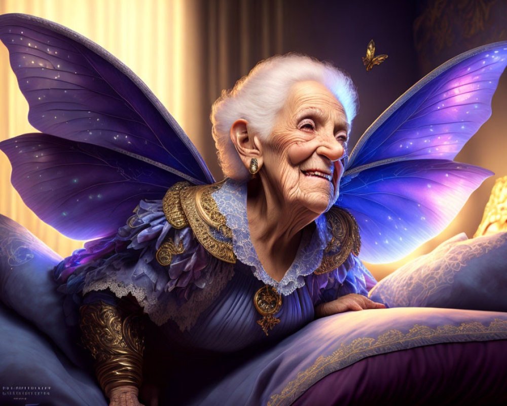 Elderly Woman as Fairy with Blue Wings and Butterfly Companion