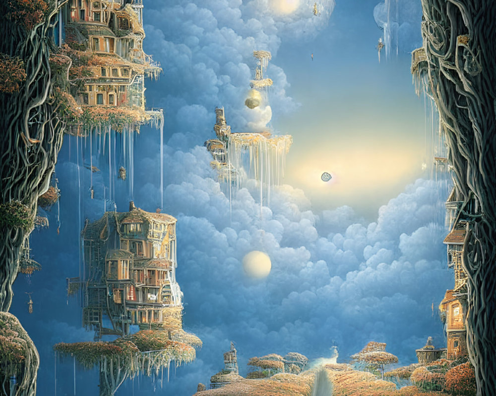 Fantastical landscape with tree-bound buildings and glowing orbs in the sky