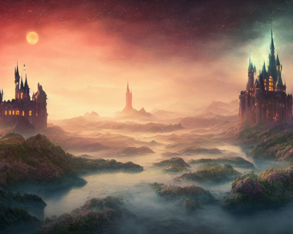 Mystical castle in foggy hills under red moon