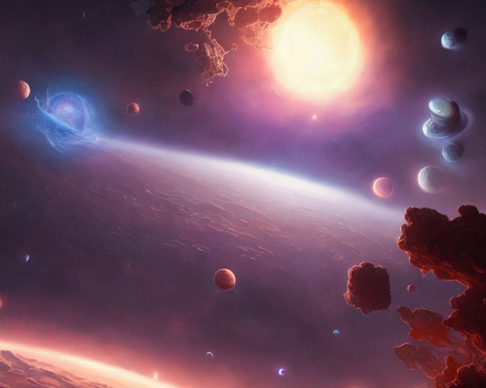 Bright star, planets, asteroids, and galaxy in colorful cosmic scene