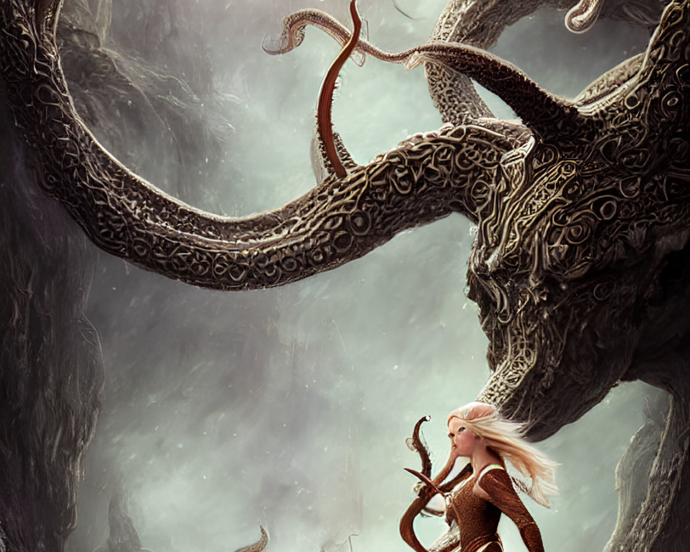 Fantasy artwork of woman with horned creature in mysterious cavern with tentacles