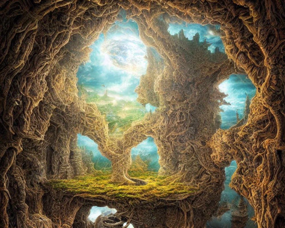 Intricate tree roots canopy over serene ruins in fantastical cavern