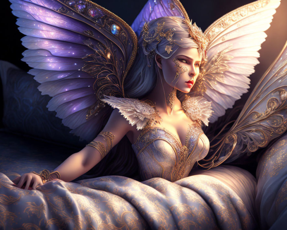 Ethereal female figure with large wings and golden headgear in dreamy setting