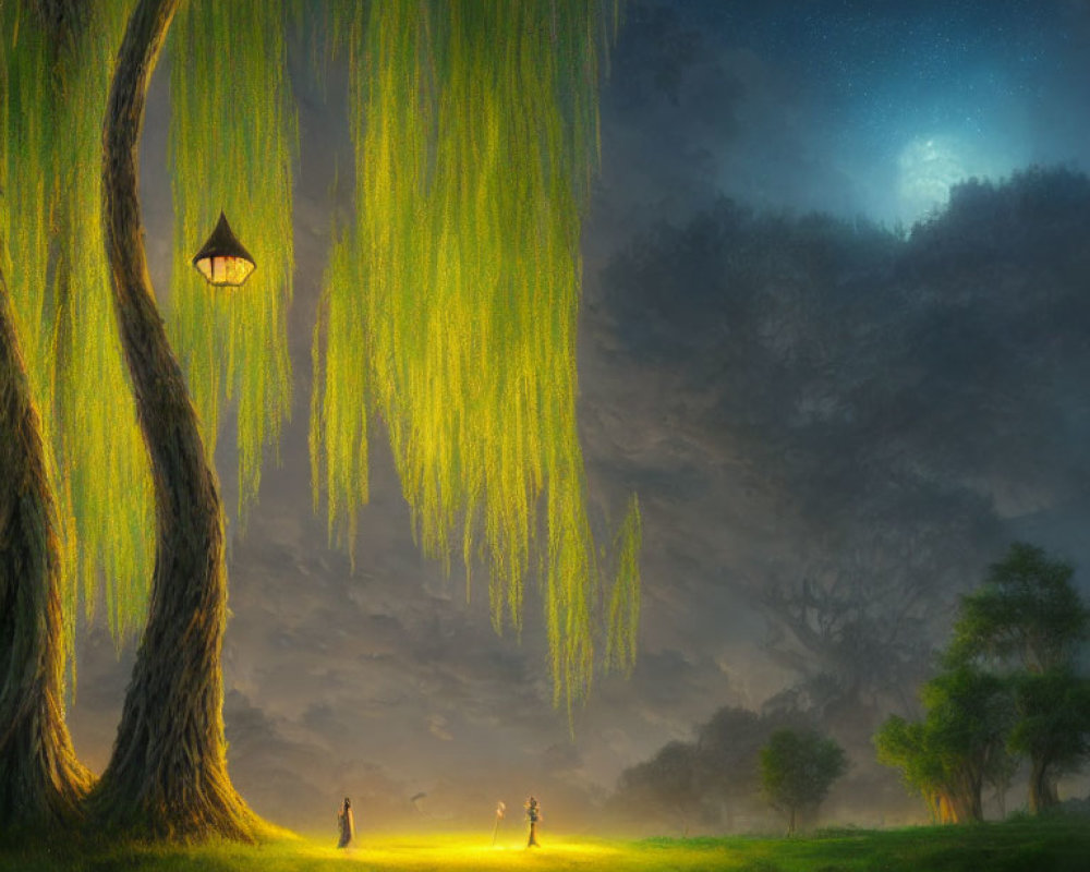 Tranquil night scene with two people under a large tree, lantern, and glowing moon