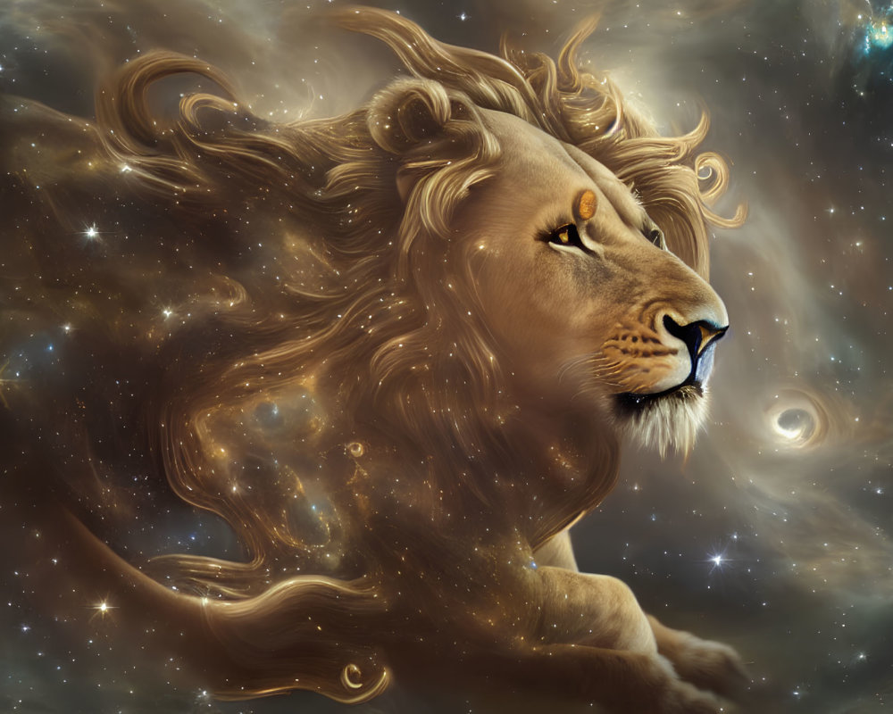 Majestic cosmic lion with star-studded mane in swirling galaxies