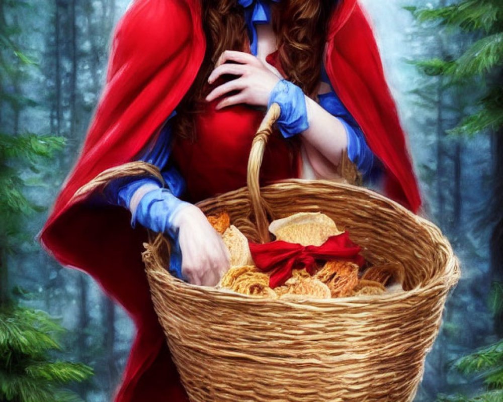 Young Woman in Red Hooded Cloak with Wicker Basket in Misty Forest