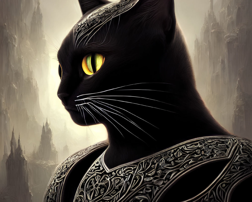 Majestic black cat in armor against castle backdrop