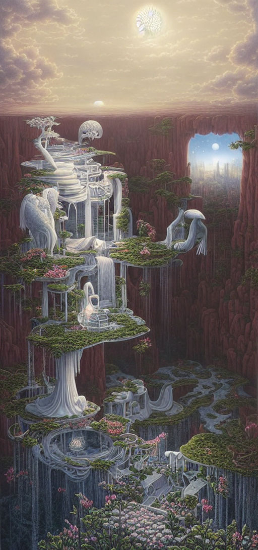 Vertical Fantasy Landscape with Waterfalls, Statues, Gardens in Canyon