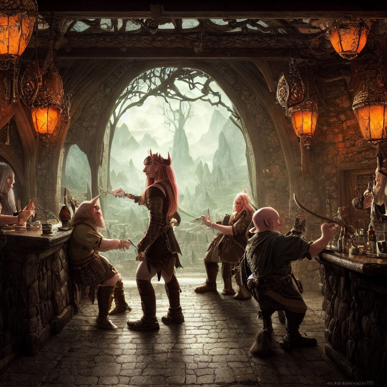 Fantasy scene: Dwarves feasting in stone hall with armored dwarf under archway, mountains