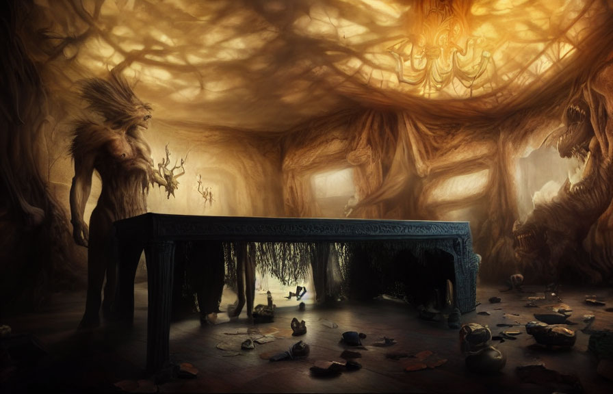 Fantastical room with twisted tree-like beings, eerie chandelier, stone table, and debris under