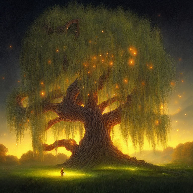 Majestic willow tree with warm lanterns illuminating tranquil nighttime scene