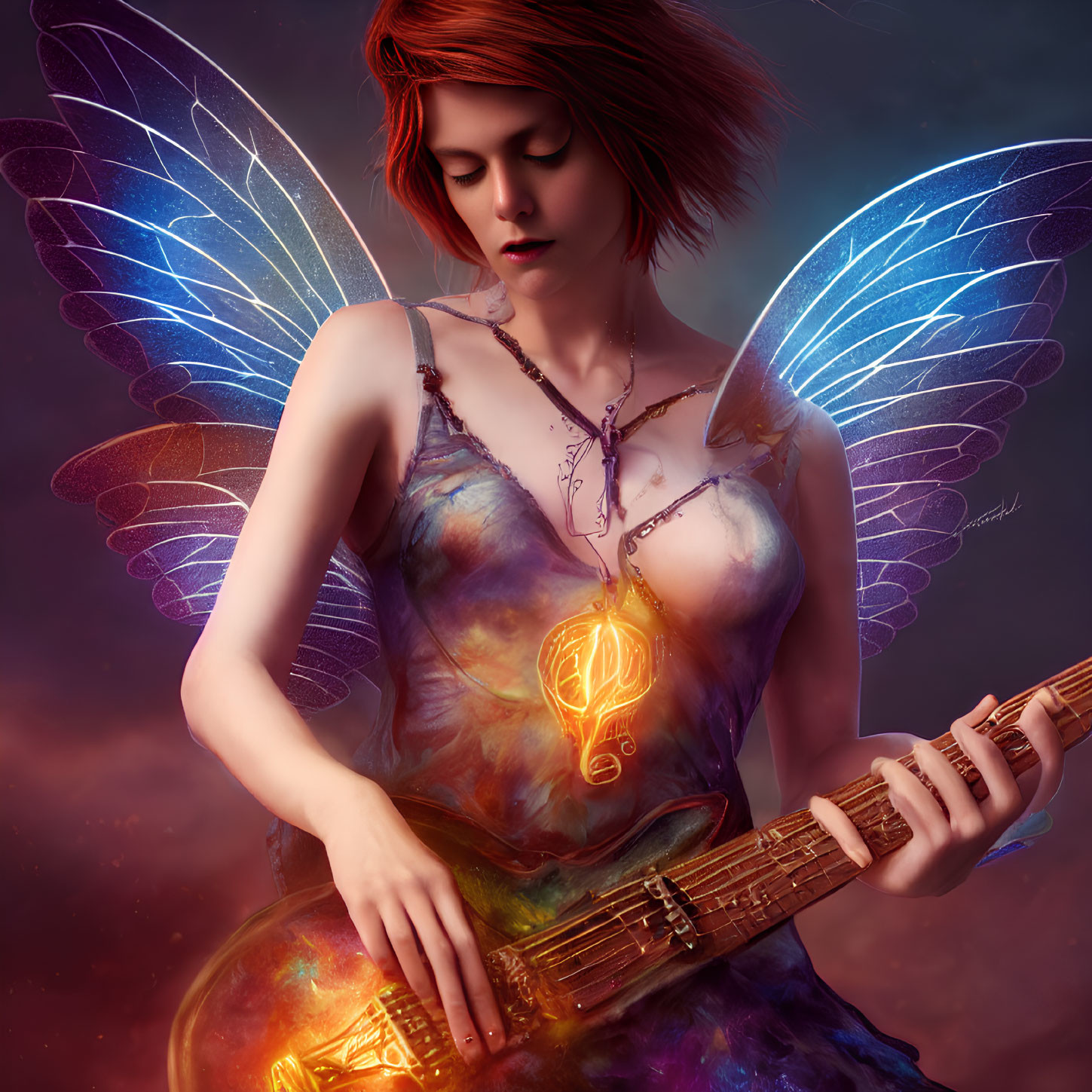 Fantasy digital art: Female figure with butterfly wings and cosmic background