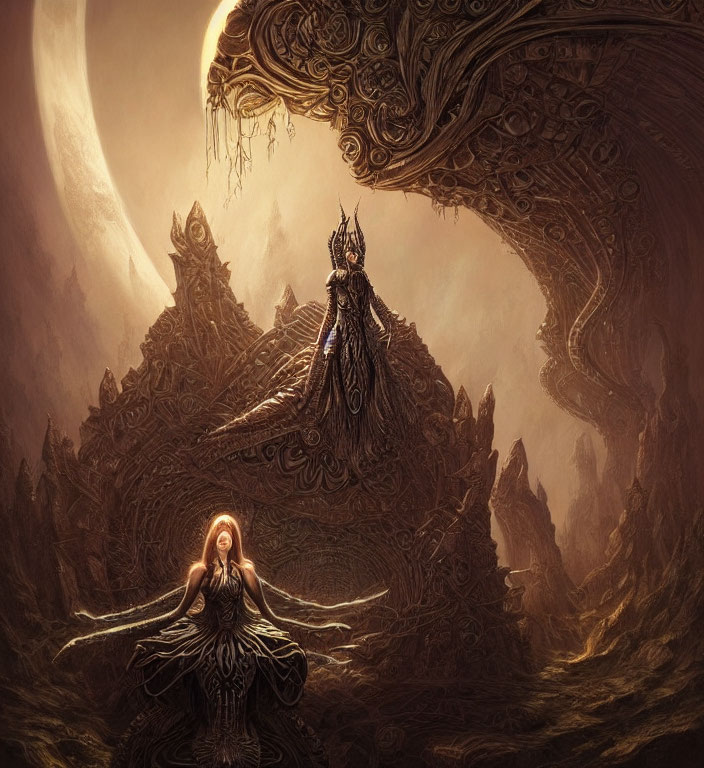 Fantasy artwork: Robed figure with glowing hands faces imposing throne in dark, intricate setting with cres