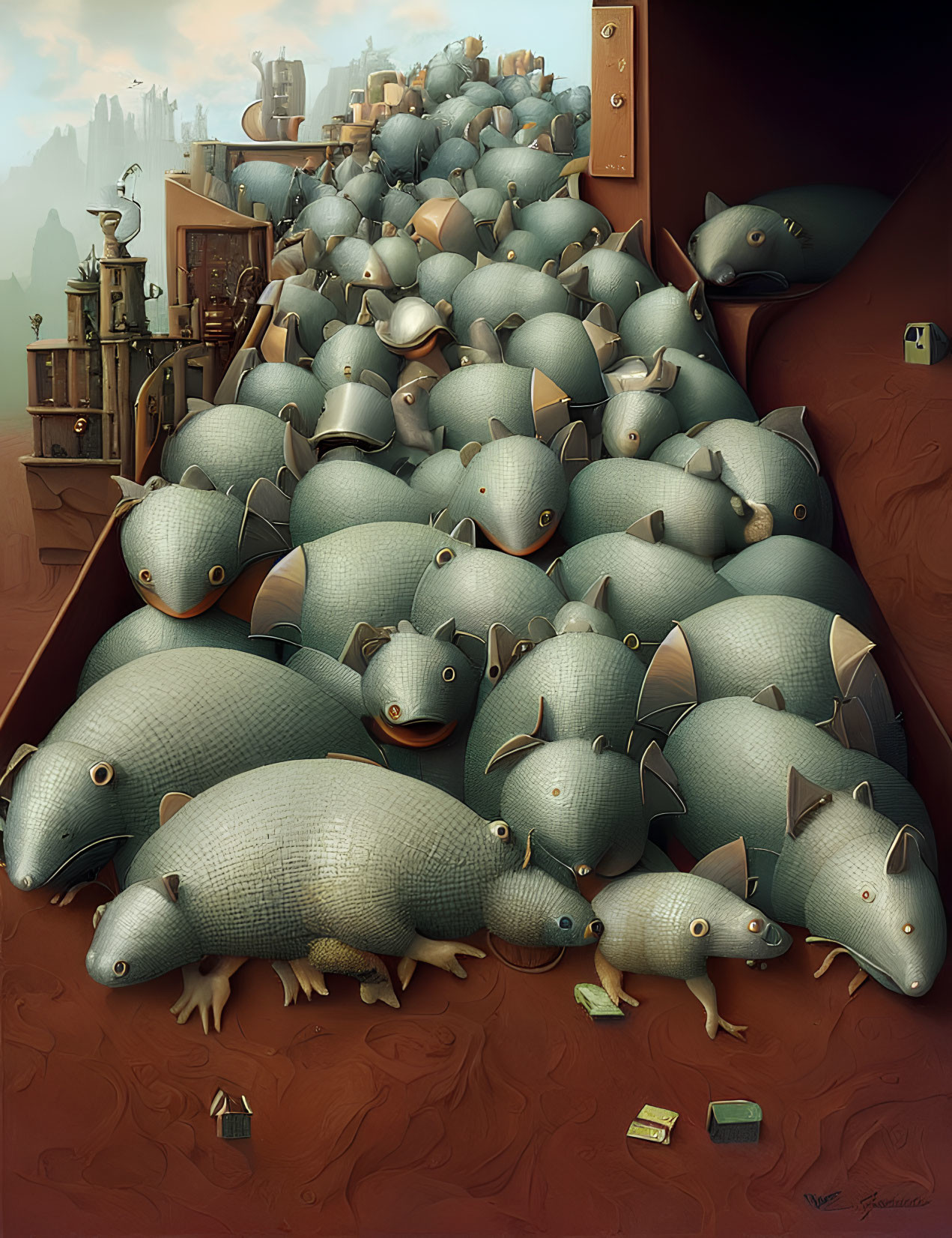 Illustration: Enormous pile of armor-clad fish with legs in surreal urban setting