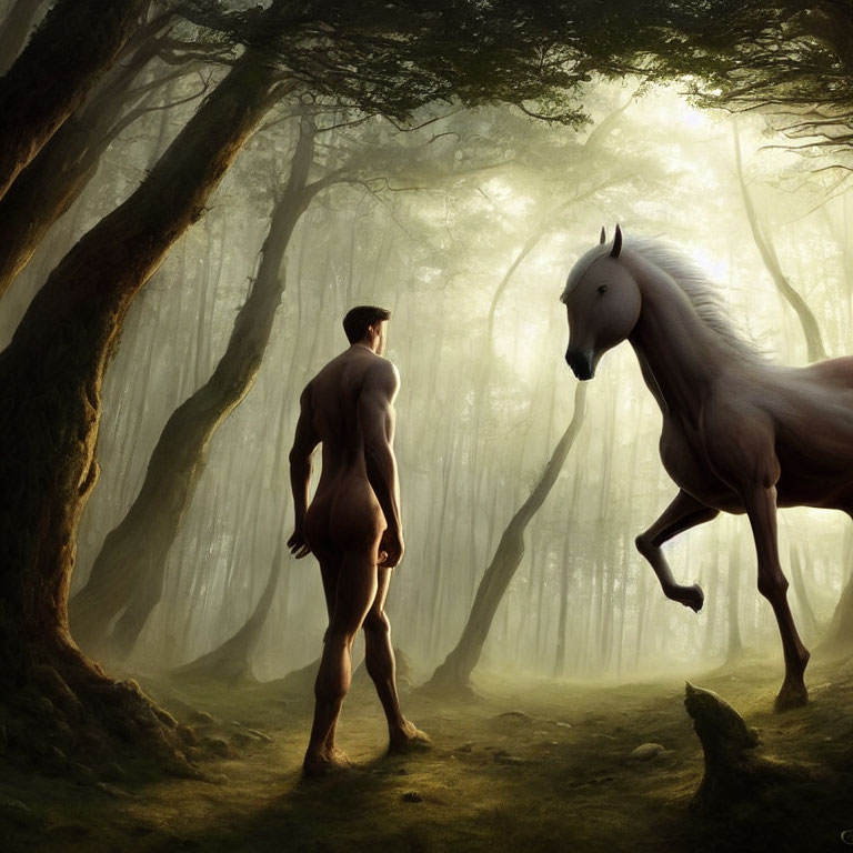 Man and horse in misty forest: serene scene with man looking at rearing horse.