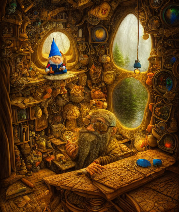 Detailed illustration of gnomes in a cluttered wooden room