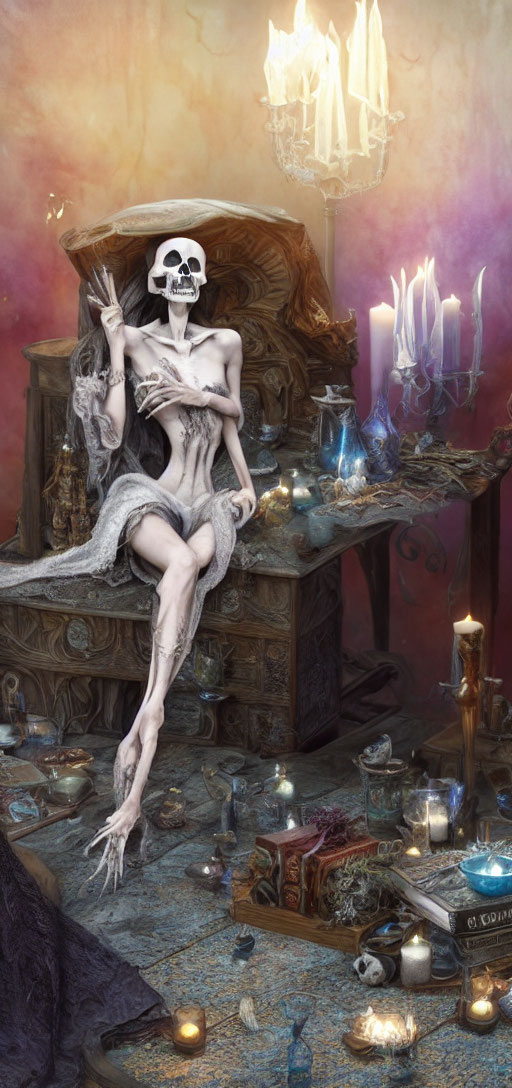 Skull-headed figure lounges on throne in mystical setting