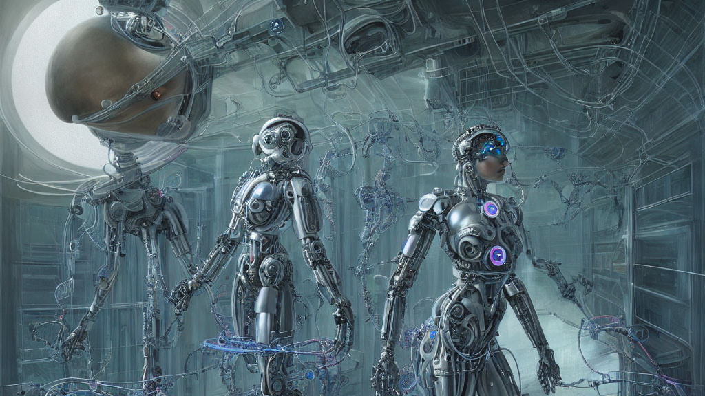 Three futuristic robots in high-tech facility with intricate cabling and mechanical structures.