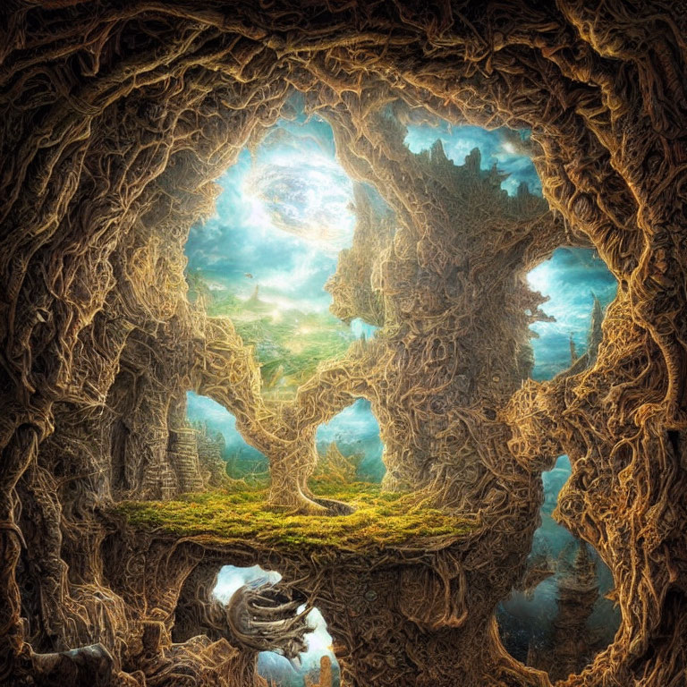 Intricate tree roots canopy over serene ruins in fantastical cavern