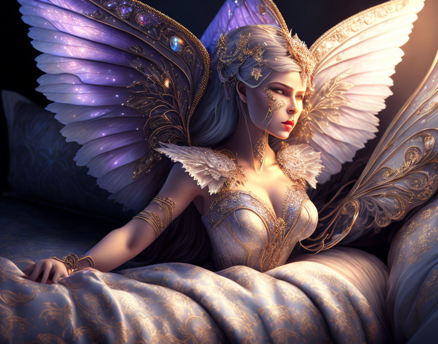 Ethereal female figure with large wings and golden headgear in dreamy setting