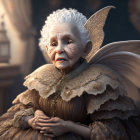 Elderly fairy with white hair and translucent wings in warm light