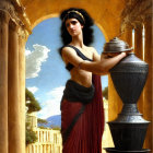 Classical woman with vessel near stone column and ancient temple backdrop