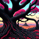 Surreal landscape with large pink tree and intertwining roots in twilight sky