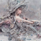Elaborate surreal portrait of woman in ornate swirls against desolate landscape