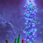 Vibrant Christmas tree with colorful ornaments under alien sky