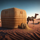 Desert scene with camel, straw hut, sand dunes, and vegetation