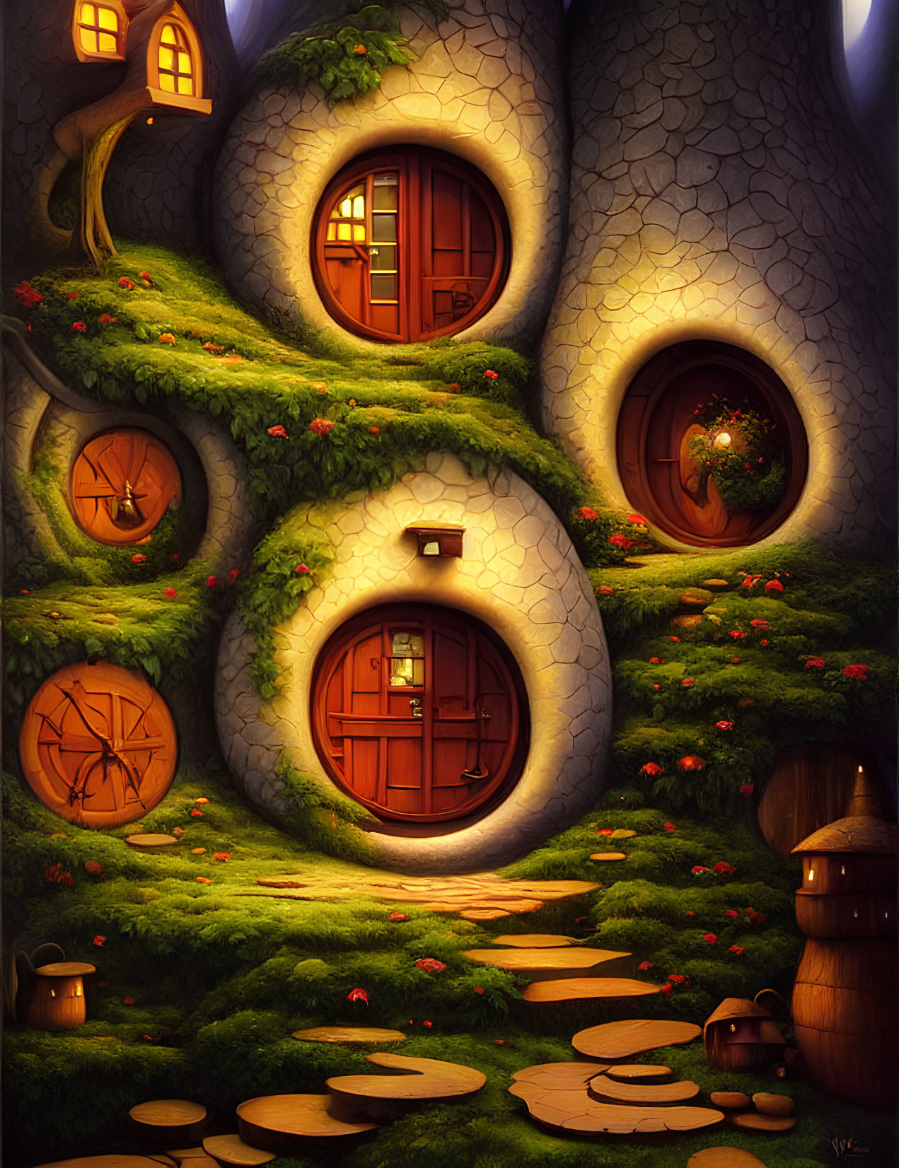 Magical treehouse with round doors, windows, stone pathway, and warm lights