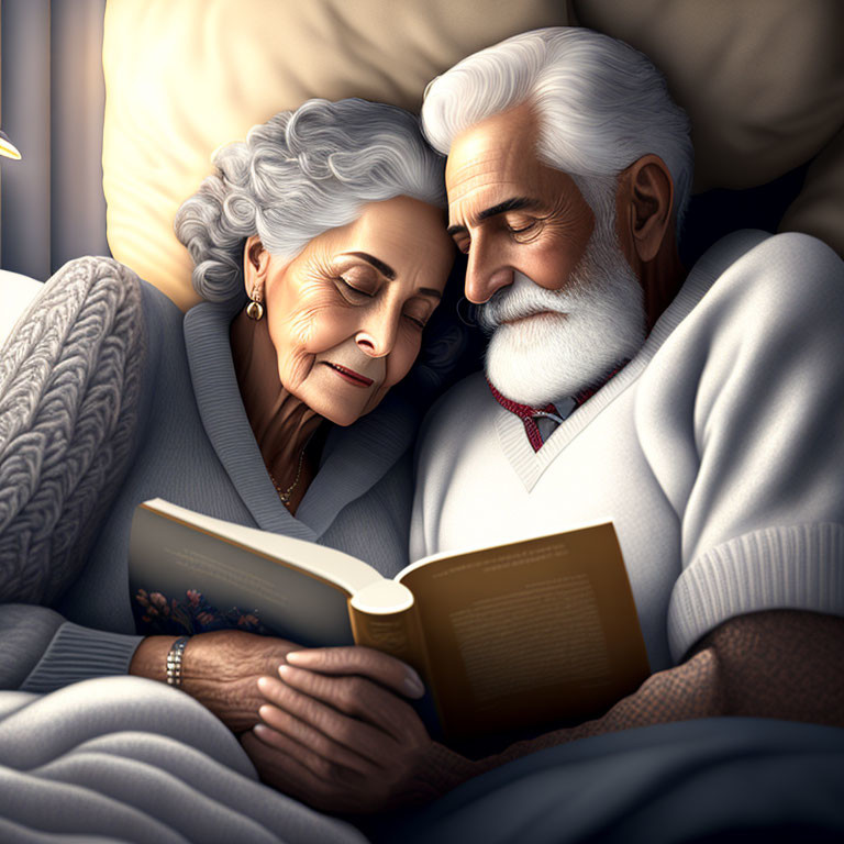 Elderly couple cuddles under a blanket, woman asleep on man's shoulder reading a book