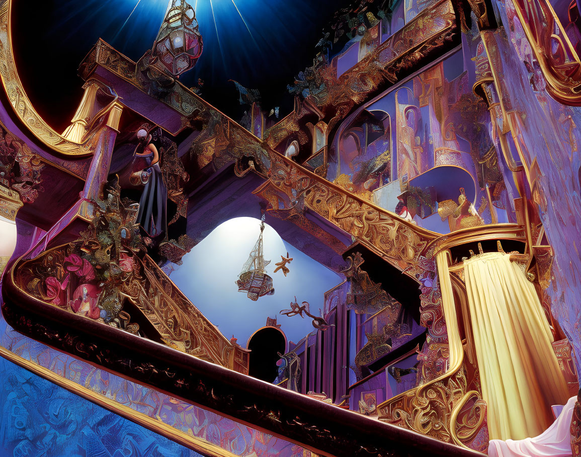 Vibrant blue and golden surreal interior with floating musical instruments