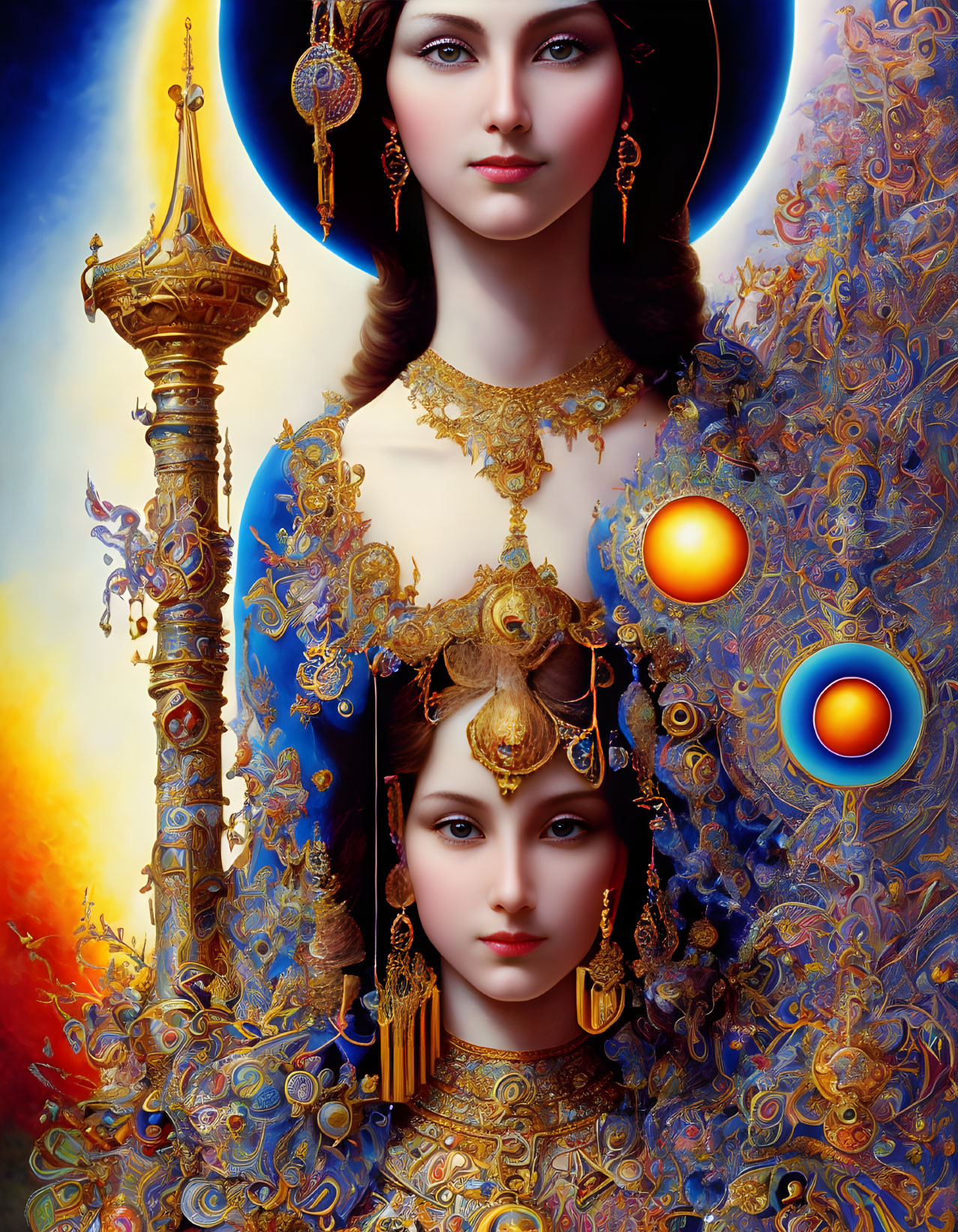 Vivid Artwork: Two Women in Golden Headdresses
