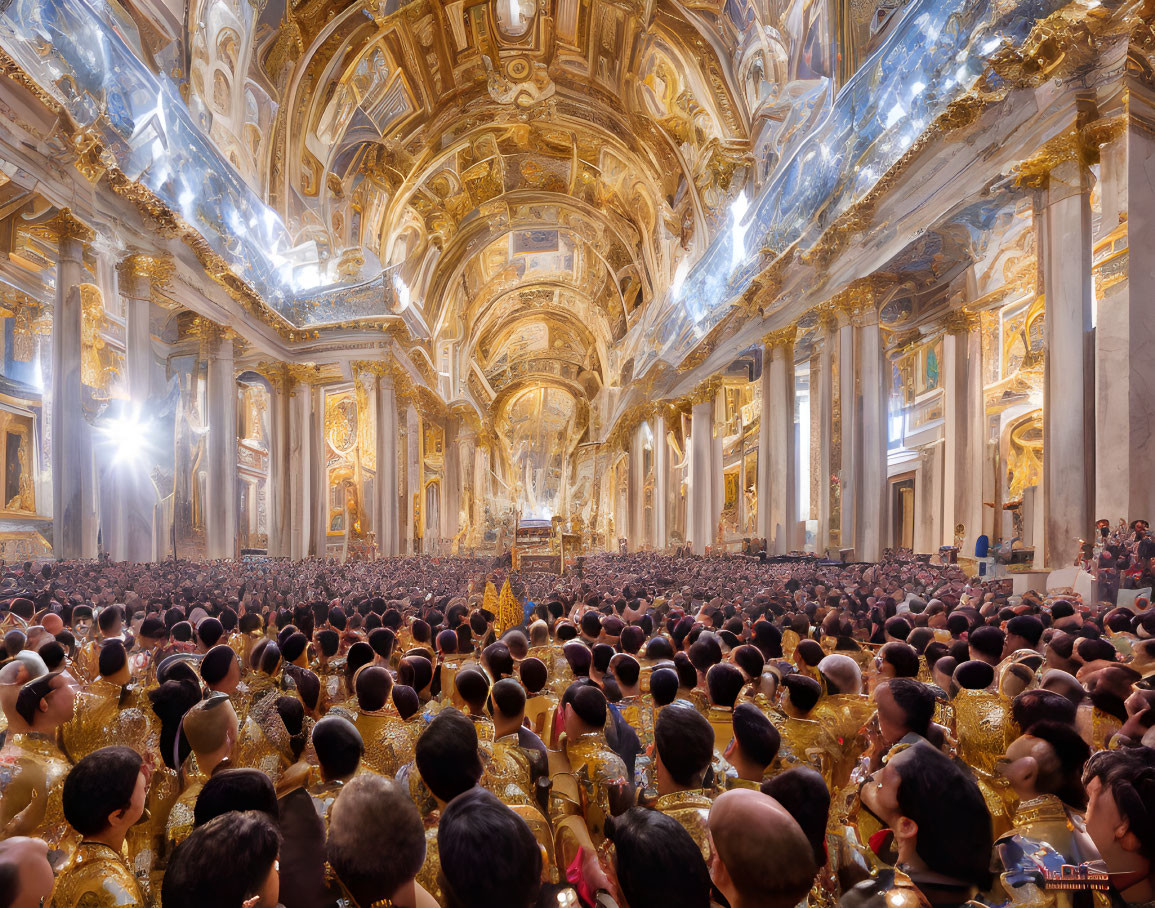 Luxurious Baroque interior with golden decor and crowded figures in ornate attire