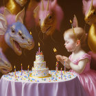 Toddler in pink dress at birthday party with whimsical dragons