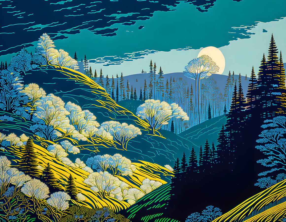 Linocut Forest & Mountains