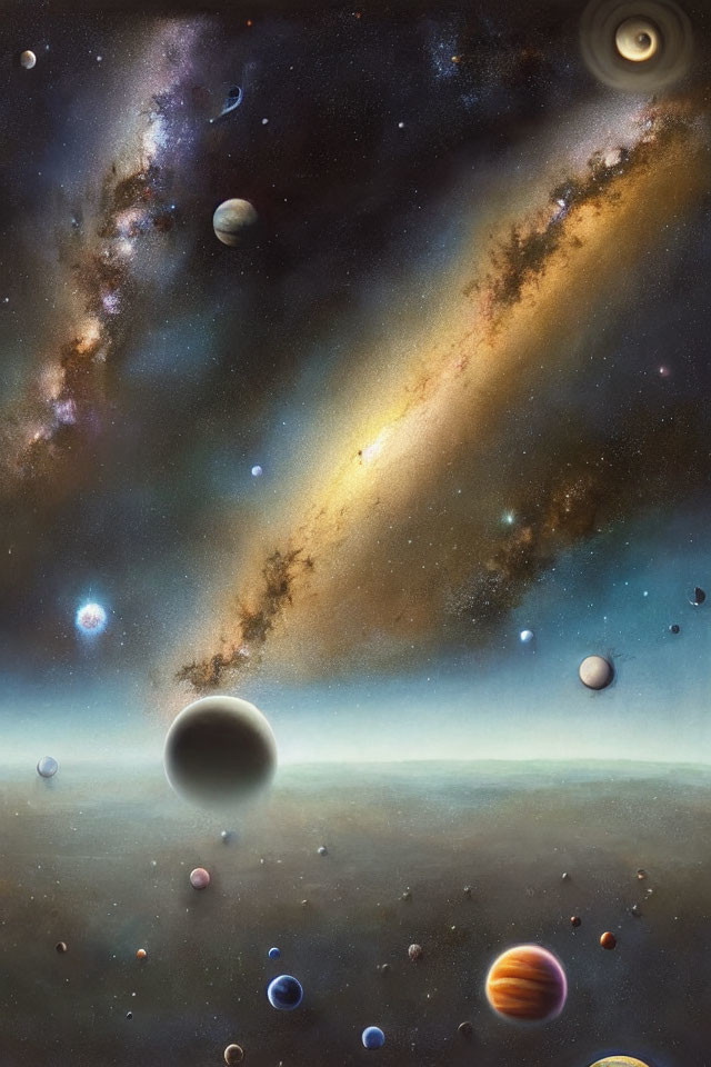 Colorful cosmic scene with planets, moons, and galaxies.