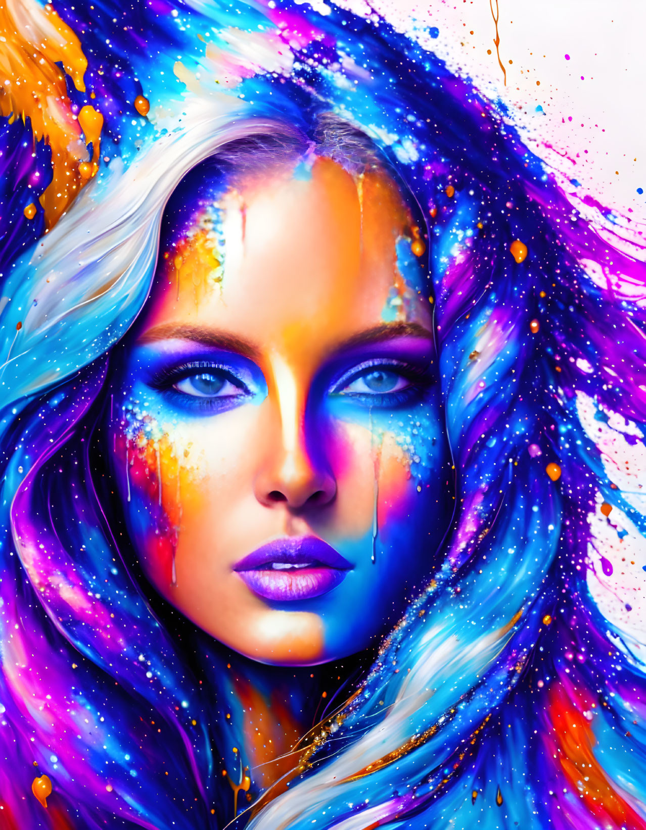 Colorful digital artwork of woman's face in blue and purple hues