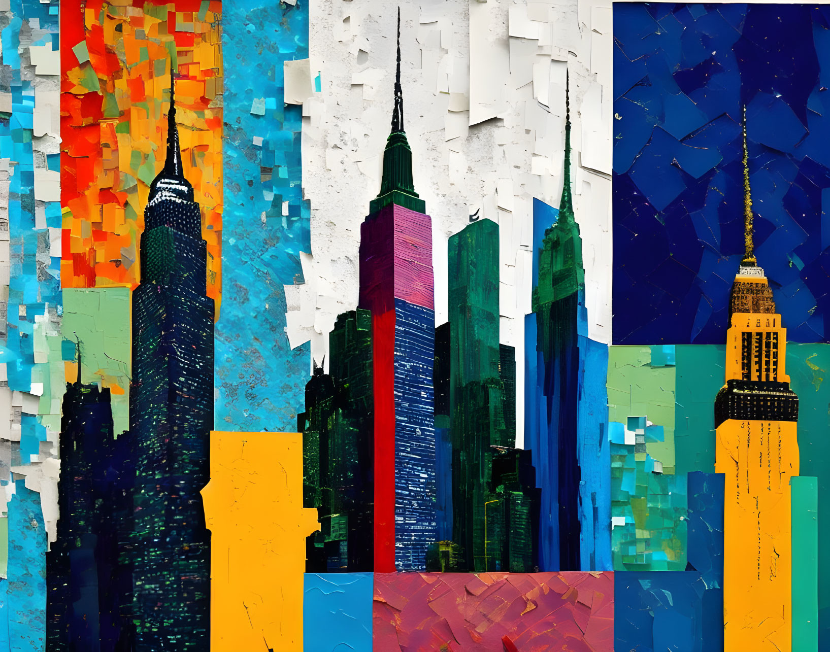Vibrant abstract NYC skyline collage with Empire State Building in fragmented style
