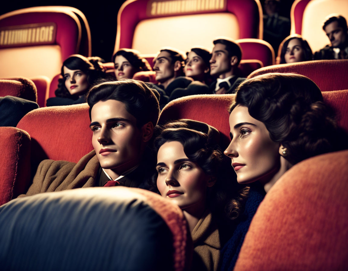Group in 1940s attire captivated in vintage theater ambiance