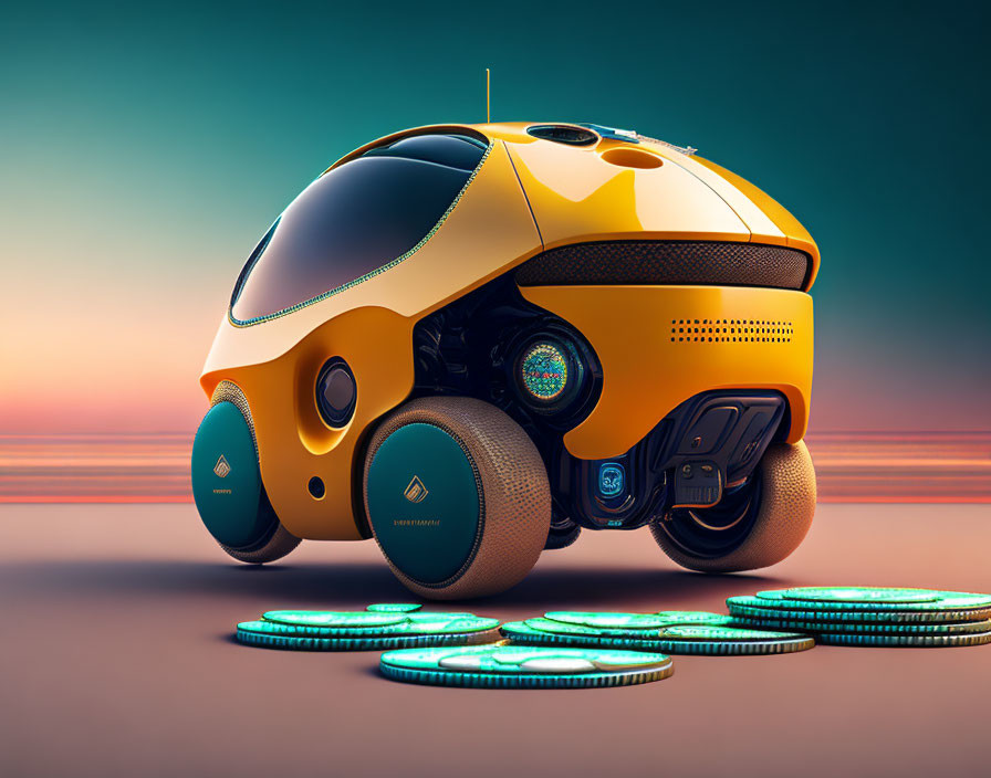 Yellow Spherical Autonomous Vehicle on Gradient Background with High-Tech Details and Digital Coins