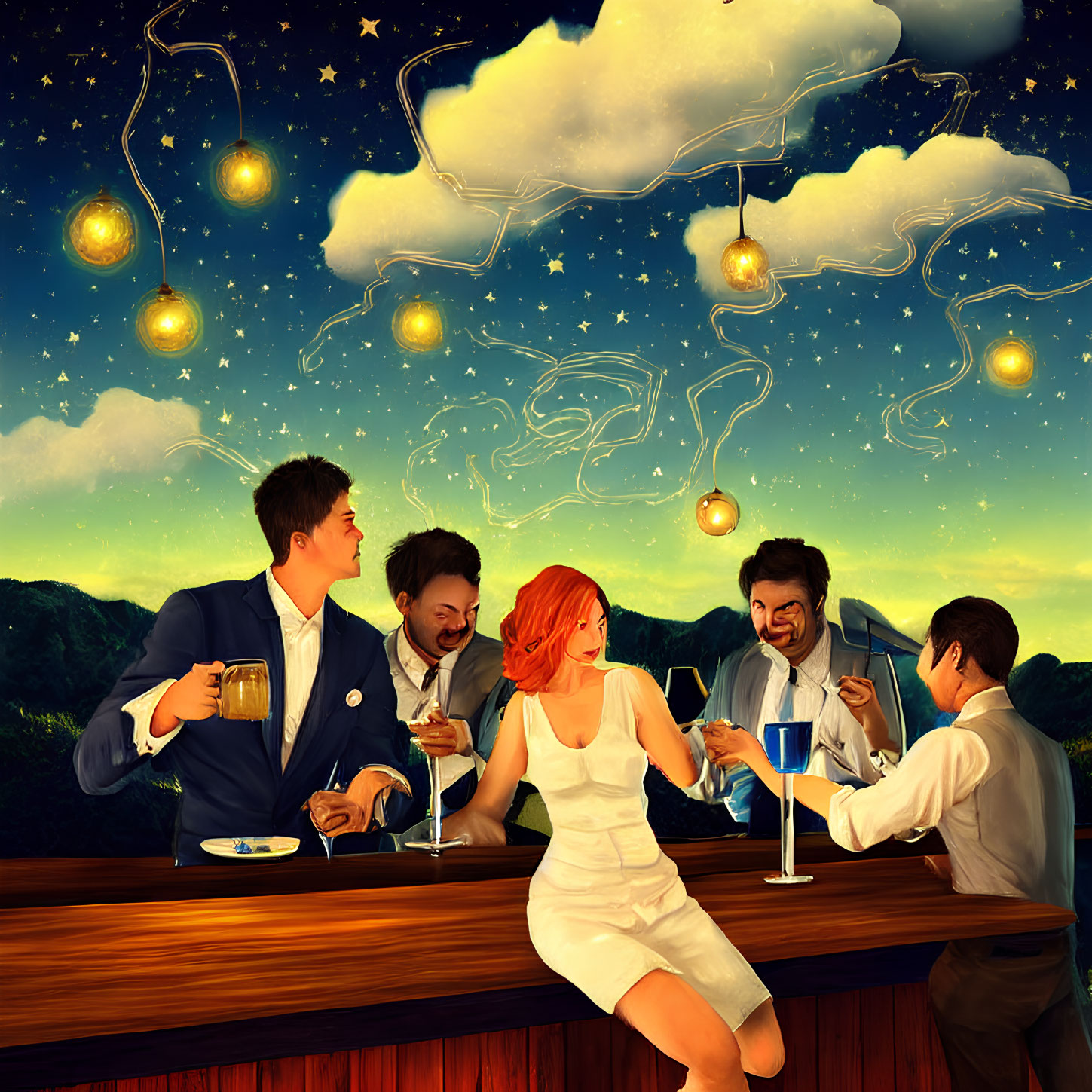 Joyful people drinking at outdoor bar under whimsical dusk sky