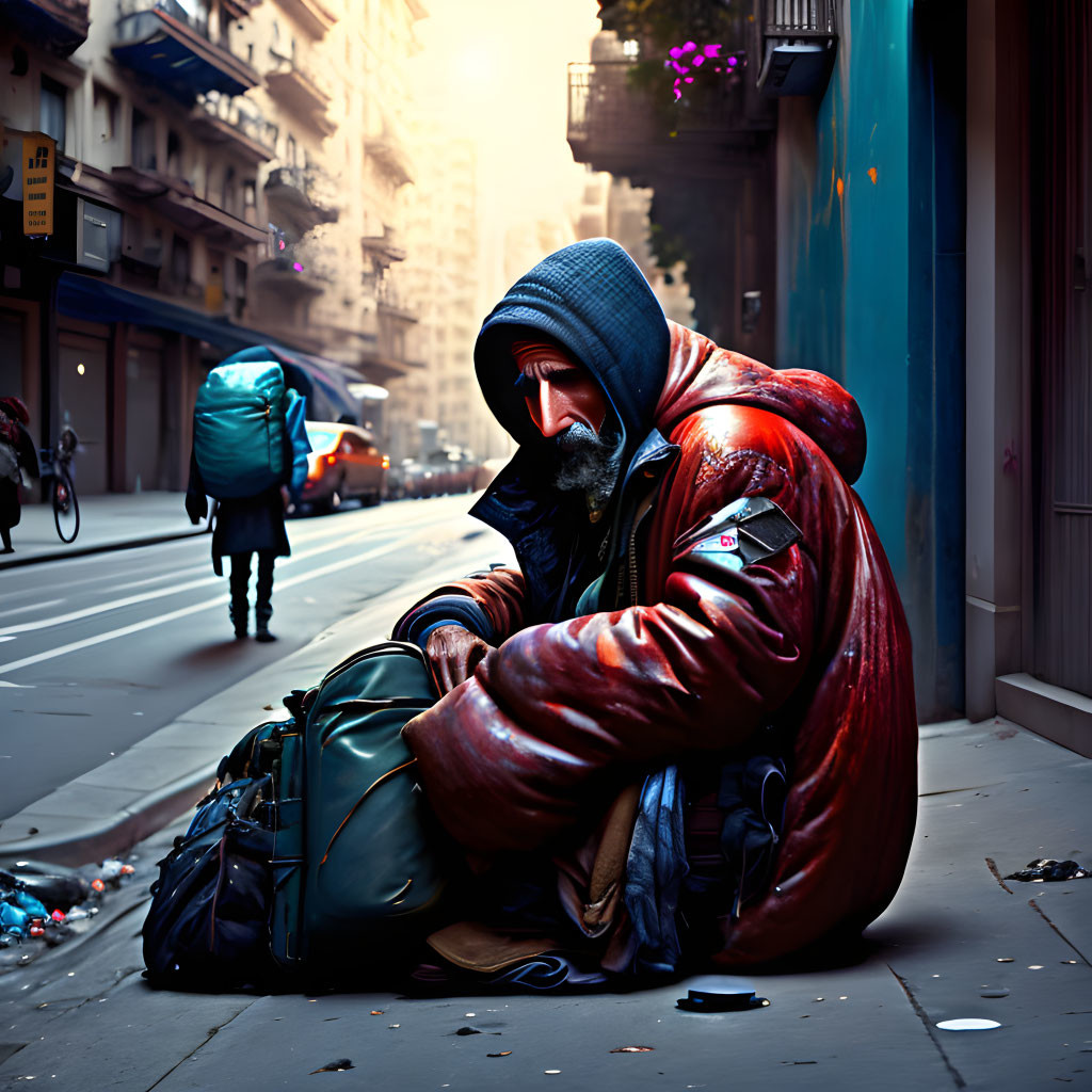Person in Hooded Jacket Surrounded by Bags on City Sidewalk