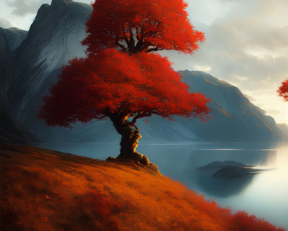 Vivid red tree by lakeside hill with misty mountains in warm light
